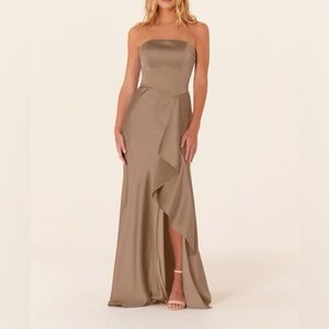 Mori Lee  Ruffle Slit Strapless Bridesmaid Dress